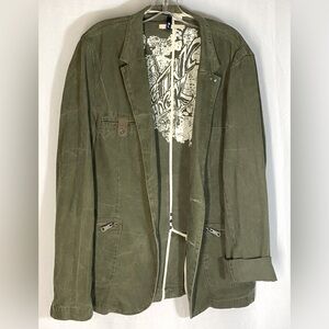 H&M Upcycled Army Green Utility Jacket XL – Distressed Cotton, Unisex Streetwear